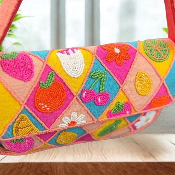 NWT - America & Beyond Beaded Daisy Cherry Summer Tropical Embellished Bag Purse - Picture 5 of 8